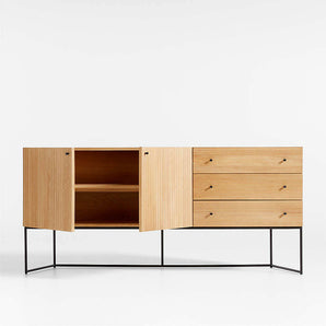 Evie 70" Natural Elm Wood and Black Iron Storage Media Console.