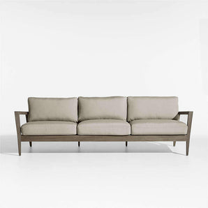 Andorra 97" Weathered Grey Wood Outdoor Sofa with Taupe Cushions.