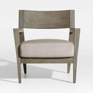 Andorra Weathered Grey Wood Outdoor Lounge Chair with Taupe Cushion.