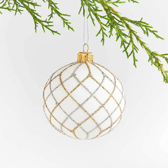 Silver and Gold Glitter Net White Glass Ball Christmas Tree Ornament NO PUBLICAR HOLIDAY.