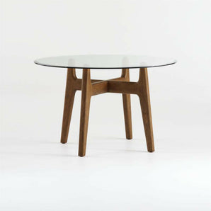 Tate 48" Round Dining Table with Glass Top and Walnut Base.